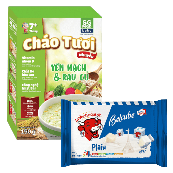 Combo 1 Phô mai Con Bò Cười vuông Belcube vị truyền thống 78g và 1 Cháo tươi trẻ em SG Food vị Yến mạch & Rau củ (150g)