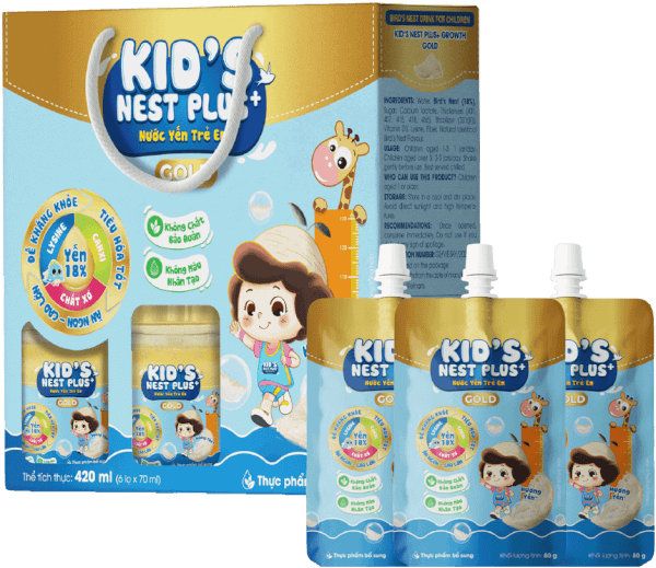 Nước Yến Kids Nest Plus+ Growth Gold Hương Tự nhiên 18% (Lốc 6 tặng 3 túi)