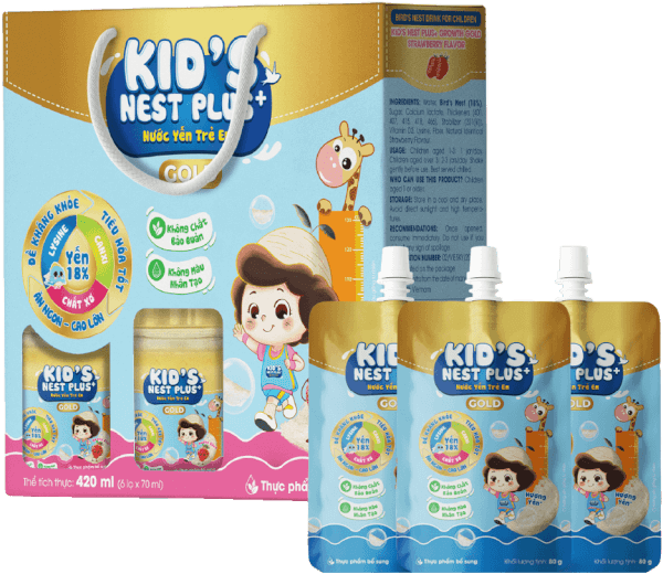 Nước Yến Kids Nest Plus+ Growth Gold Hương Dâu 18% (Lốc 6 tặng 3 túi)
