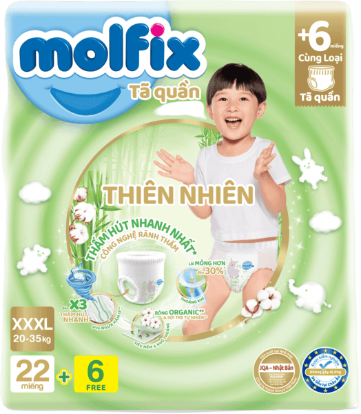Bỉm tã quần Molfix thiên nhiên (XXXL, 20-35kg, 22 miếng) + 6 miếng