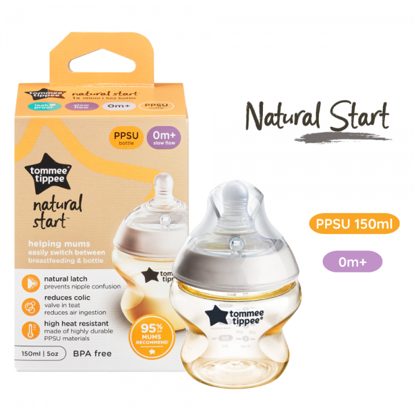 Bình Sữa PPSU Ty Siêu Mềm Tự Nhiên Tommee Tippee Natural Start 150ml, Núm Ty Đi Kèm 0-3 Tháng