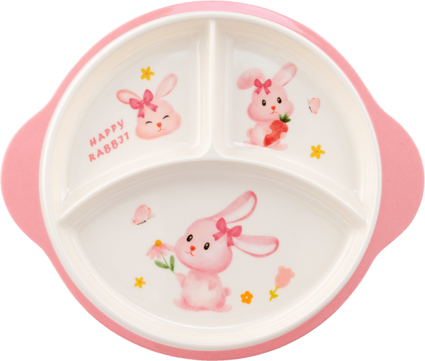 Khay ăn dặm 3 ngăn melamine cao cấp Moreware (W3028, tròn, thỏ hồng)