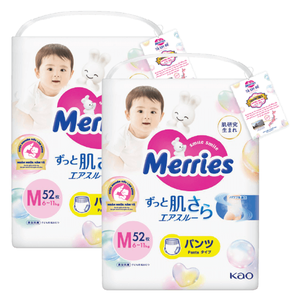Combo 2 Tã quần Merries (M, 6-11kg, 52 miếng)
