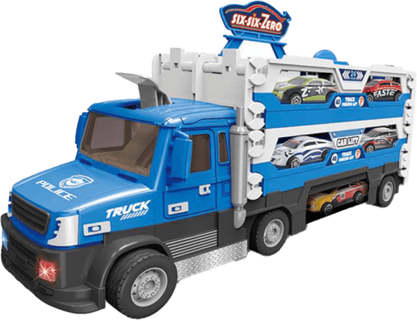 Bộ xe vận chuyển 6 ô tô mini kèm nút đẩy và đường đua có âm thanh và đèn RFD561315 C407 (Xanh)