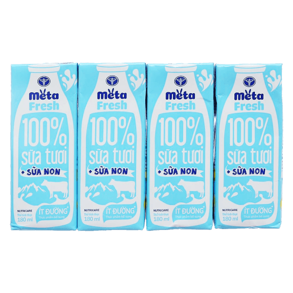 Sữa tươi ít đường bổ sung sữa non Metafresh 180ml, lốc 4 hộp