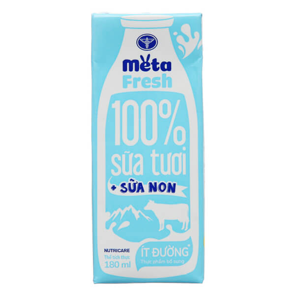 Thùng sữa tươi ít đường bổ sung sữa non Metafresh 180ml, lốc 4 hộp