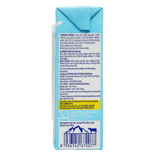 Thùng sữa tươi ít đường bổ sung sữa non Metafresh 180ml, lốc 4 hộp