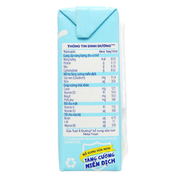 Sữa tươi ít đường bổ sung sữa non Metafresh 110ml, lốc 4 hộp