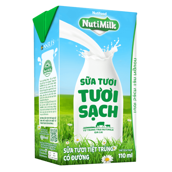 Thùng Sữa tươi sạch tiệt trùng Nutimilk, có đường, 110ml (lốc 4 hộp)