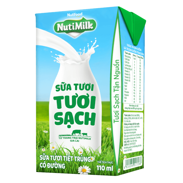 Thùng Sữa tươi sạch tiệt trùng Nutimilk, có đường, 110ml (lốc 4 hộp)