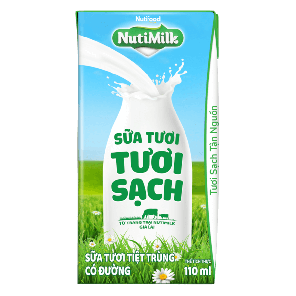 Thùng Sữa tươi sạch tiệt trùng Nutimilk, có đường, 110ml (lốc 4 hộp)