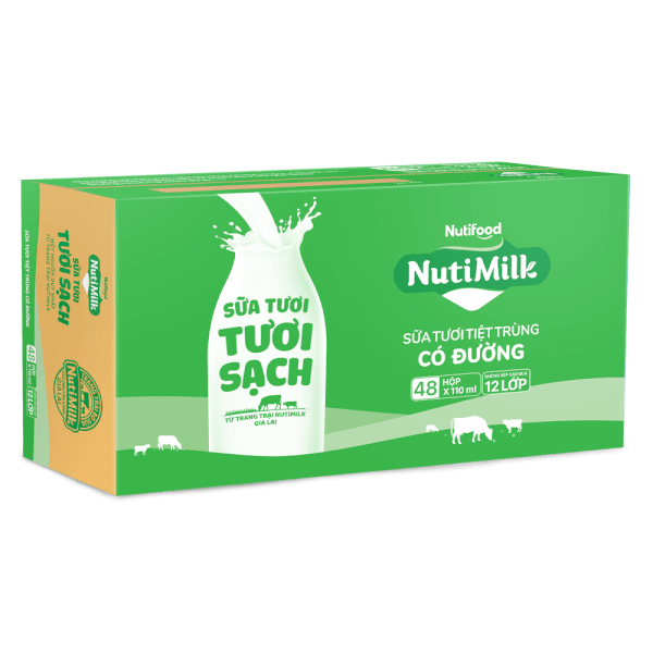 Thùng Sữa tươi sạch tiệt trùng Nutimilk, có đường, 110ml (lốc 4 hộp)