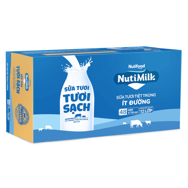 Sữa tươi sạch tiệt trùng Nutimilk, ít đường, 110ml (lốc 4 hộp)