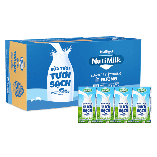 Sữa tươi sạch tiệt trùng Nutimilk, ít đường, 110ml (lốc 4 hộp)