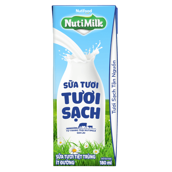Sữa tươi sạch tiệt trùng Nutimilk, ít đường, 180ml (lốc 4 hộp)