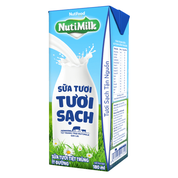 Sữa tươi sạch tiệt trùng Nutimilk, ít đường, 180ml (lốc 4 hộp)