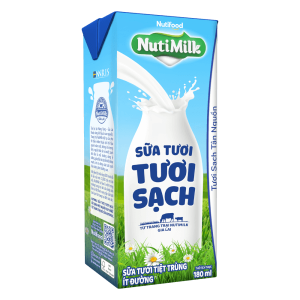 Sữa tươi sạch tiệt trùng Nutimilk, ít đường, 180ml (lốc 4 hộp)