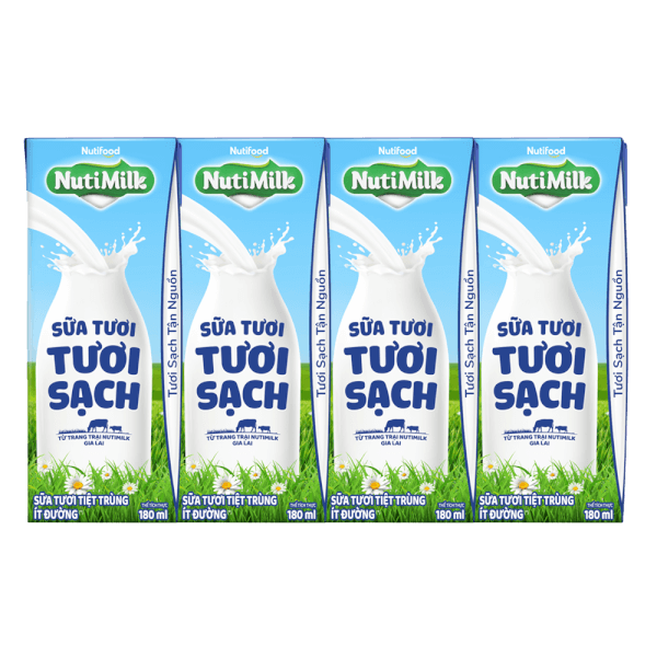 Sữa tươi sạch tiệt trùng Nutimilk, ít đường, 180ml (lốc 4 hộp)