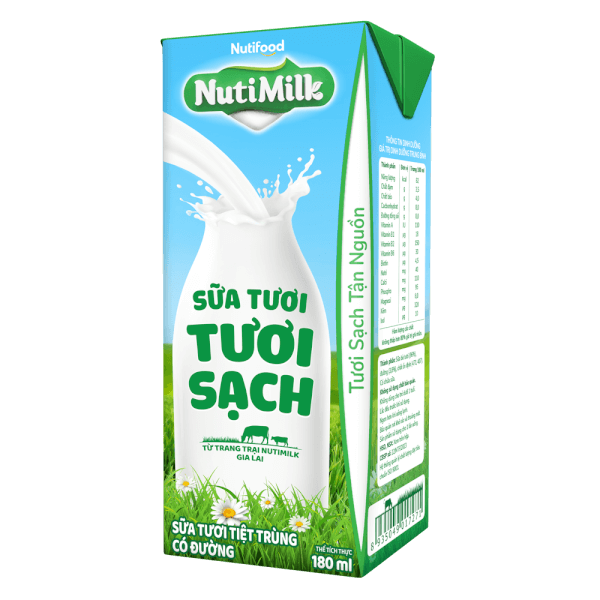 Sữa tươi sạch tiệt trùng Nutimilk, có đường, 180ml (lốc 4 hộp)