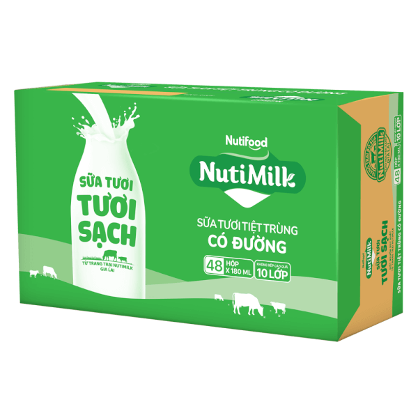 Sữa tươi sạch tiệt trùng Nutimilk, có đường, 180ml (lốc 4 hộp)