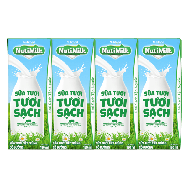 Sữa tươi sạch tiệt trùng Nutimilk, có đường, 180ml (lốc 4 hộp)