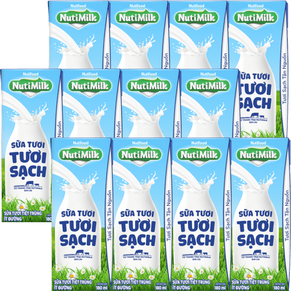 Combo 3 Sữa tươi sạch tiệt trùng Nutimilk, ít đường, 180ml (lốc 4 hộp)