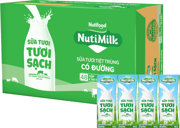 Thùng Sữa tươi sạch tiệt trùng Nutimilk, có đường, 180ml (lốc 4 hộp)