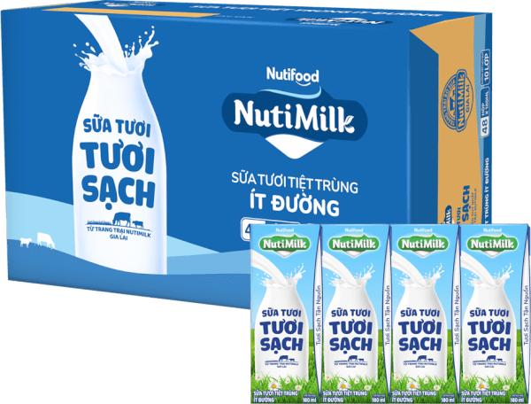 Thùng Sữa tươi sạch tiệt trùng Nutimilk, ít đường, 180ml (lốc 4 hộp)