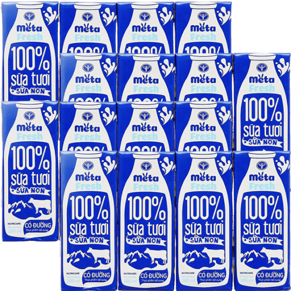 Combo 4 Sữa tươi có đường bổ sung sữa non Metafresh 180ml, lốc 4 hộp