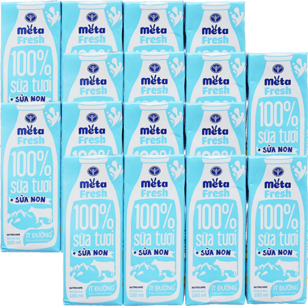 Combo 4 Sữa tươi ít đường bổ sung sữa non Metafresh 180ml, lốc 4 hộp