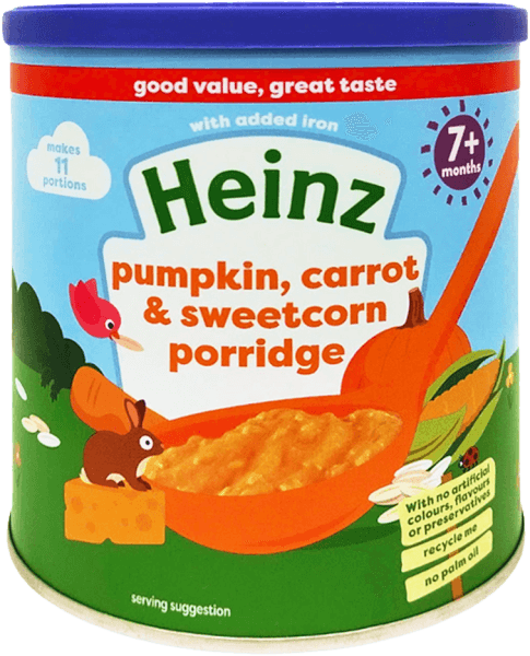 Thức ăn bổ sung dành cho trẻ từ 7 tháng tuổi trở lên: Cháo bí đỏ, cà rốt & bắp ngọt-Heinz pumpkin, carrot & sweetcorn porridge