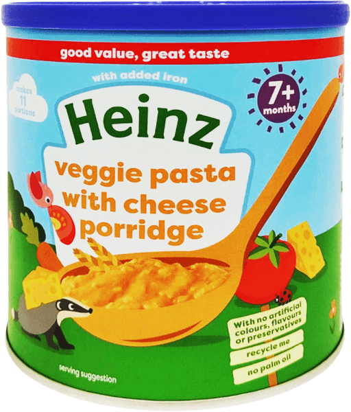 Thức ăn bổ sung dành cho trẻ từ 7 tháng tuổi trở lên: Cháo mì ý rau củ và phô mai-Heinz veggie pasta with cheese porridge