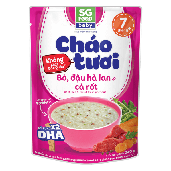 Combo 5 gói Cháo tươi Baby bò đậu hà lan cà rốt, SG Food, 10 tháng, 240g