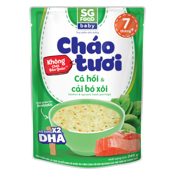 Combo 5 gói Cháo tươi Baby cá hồi cải bó xôi, SG Food, 10 tháng, 240g