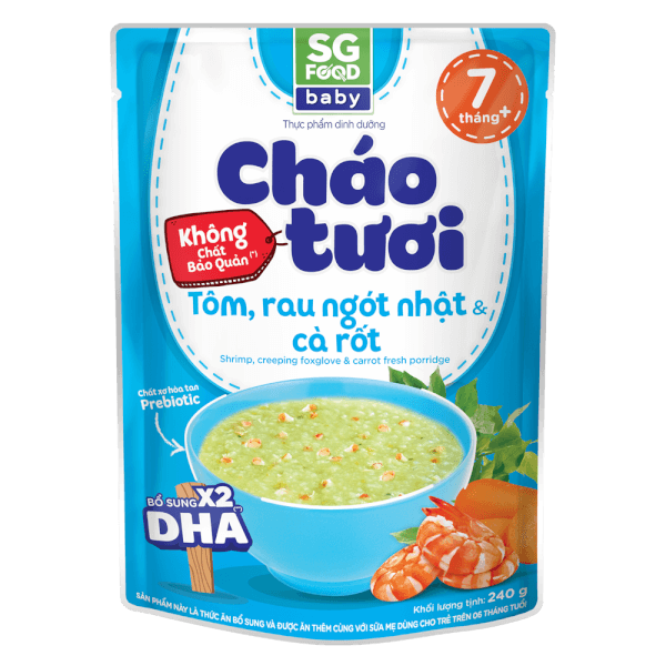 Cháo tươi Baby Tôm Rau Ngót Nhật Cà Rốt, SG Food, 7 tháng, 240g