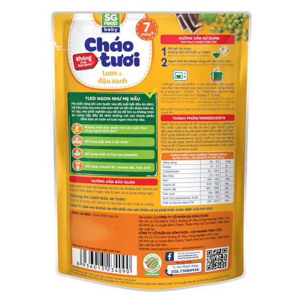 Cháo tươi Baby lươn đậu xanh 240g, SG Food