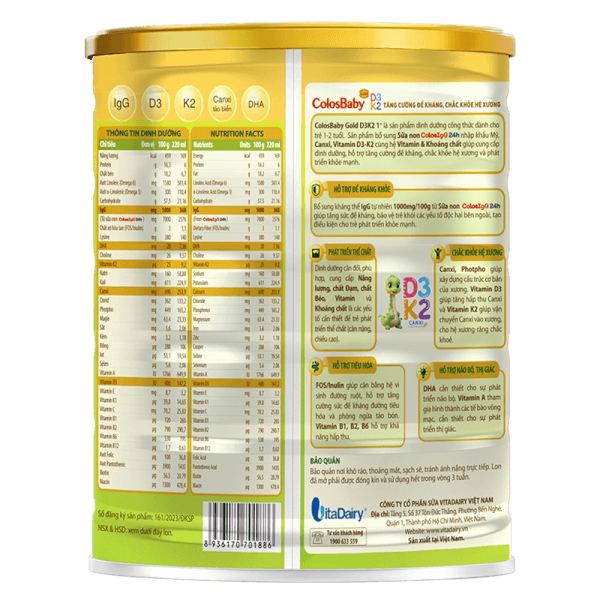 Sản phẩm dinh dưỡng công thức Colosbaby Gold D3K2 1+ 800g (1-2 tuổi)