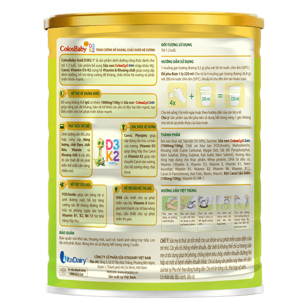Sản phẩm dinh dưỡng công thức Colosbaby Gold D3K2 1+ 800g (1-2 tuổi)