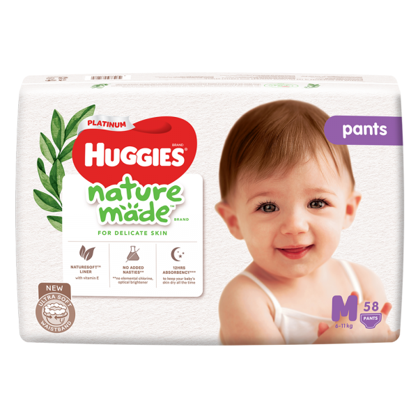 Combo 2 gói Bỉm tã quần Huggies Platinum Nature Made M size 58 miếng (6-11kg)