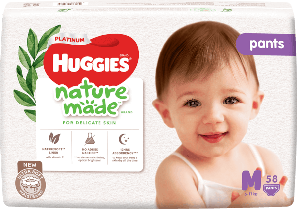 Bỉm tã quần Huggies Platinum Nature Made M size 58 miếng (6-11kg) (giao bao bì ngẫu nhiên)