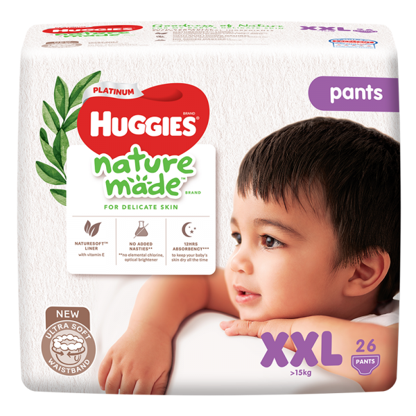 Bỉm tã quần Huggies Platinum Nature Made size XXL 26 miếng (trên 15kg) (giao bao bì ngẫu nhiên)