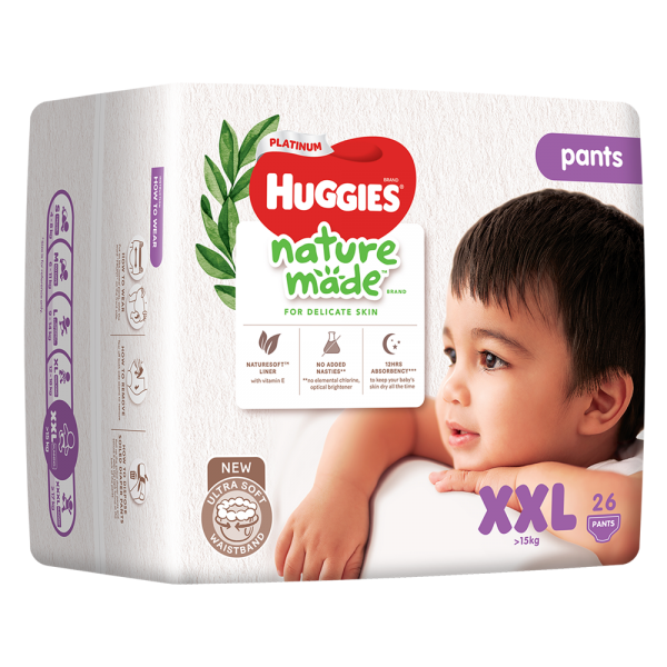 Combo 2 gói Bỉm tã quần Huggies Platinum Nature Made size XXL 26 miếng (trên 15kg)