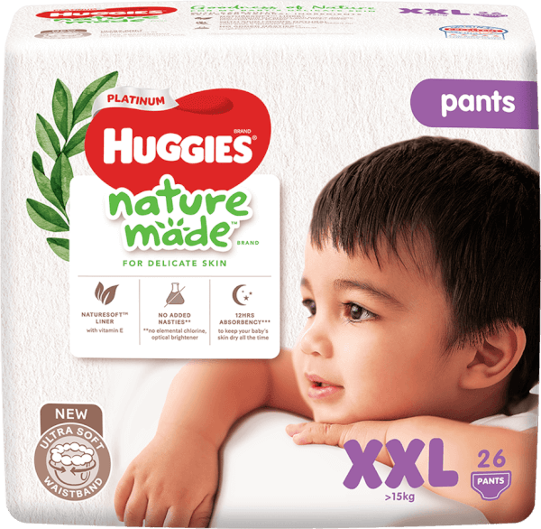 Bỉm tã quần Huggies Platinum Nature Made size XXL 26 miếng (trên 15kg) (giao bao bì ngẫu nhiên)