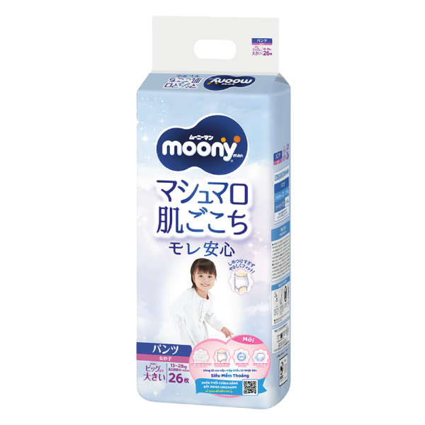 Bỉm tã quần Moony bé gái size XXL 26 miếng (13-28kg) (giao bao bì ngẫu nhiên)