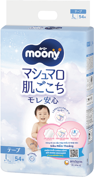 Bỉm tã dán Moony size L, 54 miếng (9-14kg) (giao bao bì ngẫu nhiên)