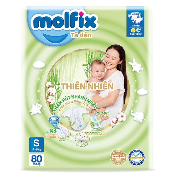 Bỉm tã dán Molfix Thiên nhiên (S, 4-8kg, 80 miếng) (giao bao bì ngẫu nhiên)