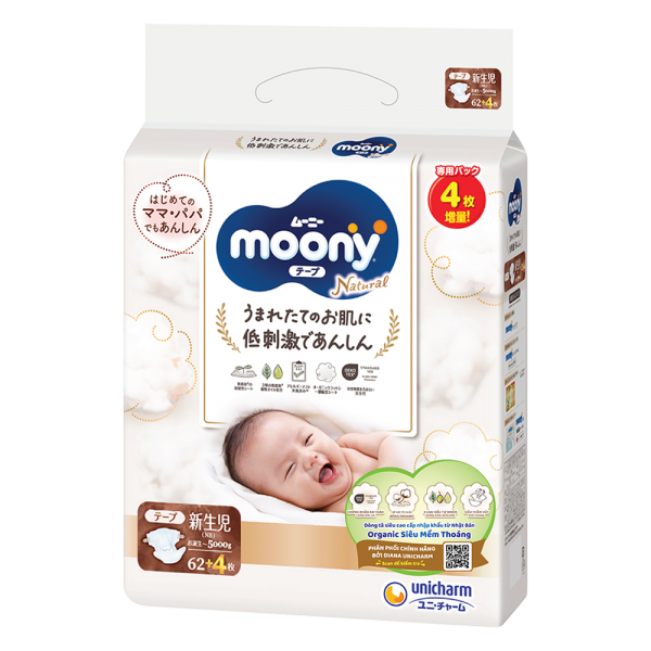 Tã dán Moony Natural / Moony Dịu nhẹ (NB, 62 miếng + 4 miếng) (giao bao bì ngẫu nhiên)