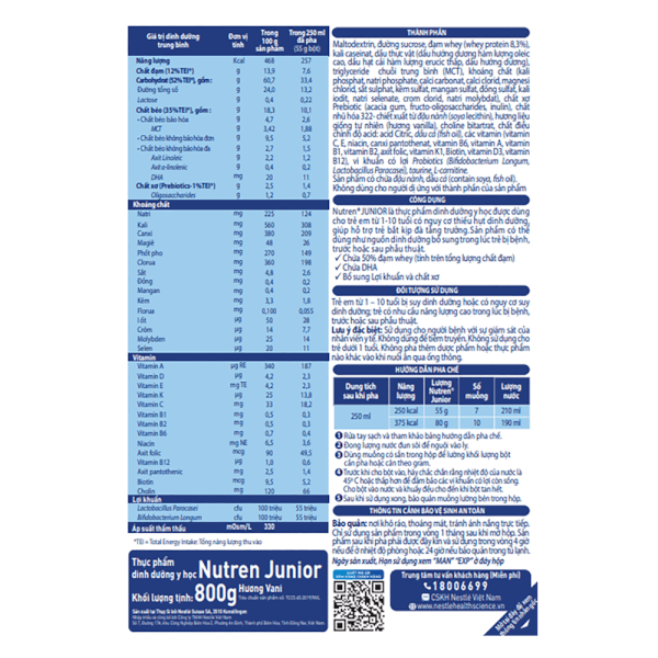 Combo 4 lon Thực phẩm dinh dưỡng y học Nutren JUNIOR 800g (1-10 tuổi)
