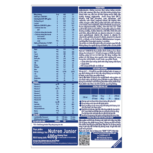 Thực phẩm dinh dưỡng Nutren Junior 400g (1-10 tuổi)
