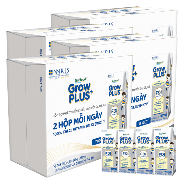 4 Thùng Sữa dinh dưỡng pha sẵn GrowPLUS+ (Bạc) 180ml, lốc 4 hộp (Từ 1 tuổi)